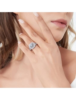 Sterling Silver Halo Wedding Engagement Rings Cushion Cut Cubic Zirconia CZ Statement Split Shank Ring for Women, Rhodium Plated Size 4-10