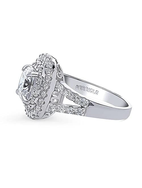 BERRICLE Sterling Silver Halo Wedding Engagement Rings Cushion Cut Cubic Zirconia CZ Statement Split Shank Ring for Women, Rhodium Plated Size 4-10