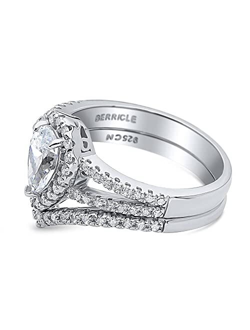 BERRICLE Sterling Silver Halo Wedding Engagement Rings Pear Cut Cubic Zirconia CZ Split Shank Ring Set for Women, Rhodium Plated Size 4-10