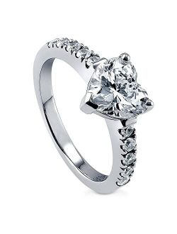Sterling Silver Solitaire Wedding Engagement Rings 1.7 Carat Heart Cubic Zirconia CZ Promise Ring for Women, Rhodium Plated Size 4-10