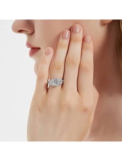 Sterling Silver 3-Stone Wedding Engagement Rings Round Cubic Zirconia CZ Halo Ring for Women, Rhodium Plated Size 4-10