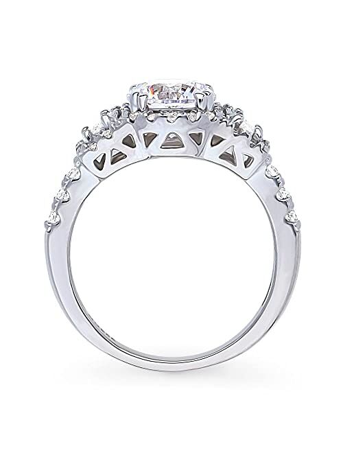 BERRICLE Sterling Silver 3-Stone Wedding Engagement Rings Round Cubic Zirconia CZ Halo Ring for Women, Rhodium Plated Size 4-10