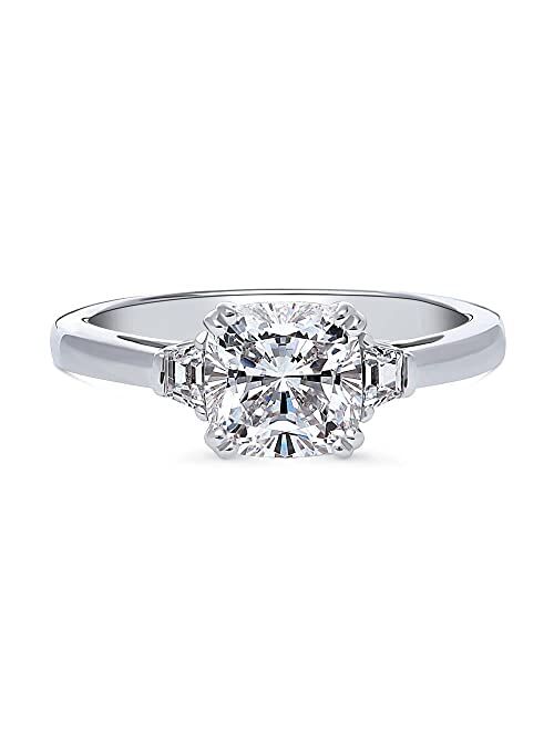 BERRICLE Sterling Silver 3-Stone Wedding Engagement Rings Cushion Cut Cubic Zirconia CZ Anniversary Ring for Women, Rhodium Plated Size 4-10