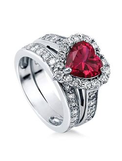 Sterling Silver Halo Wedding Engagement Rings Simulated Ruby Heart Cubic Zirconia CZ Statement Ring Set for Women, Rhodium Plated Size 4-10
