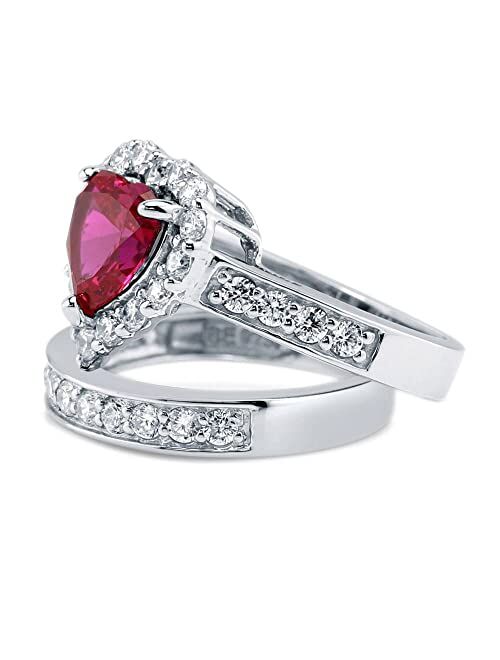 BERRICLE Sterling Silver Halo Wedding Engagement Rings Simulated Ruby Heart Cubic Zirconia CZ Statement Ring Set for Women, Rhodium Plated Size 4-10