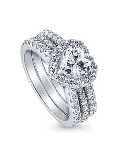 Sterling Silver Halo Wedding Engagement Rings Heart Cubic Zirconia CZ Insert Ring Set for Women, Rhodium Plated Size 4-10