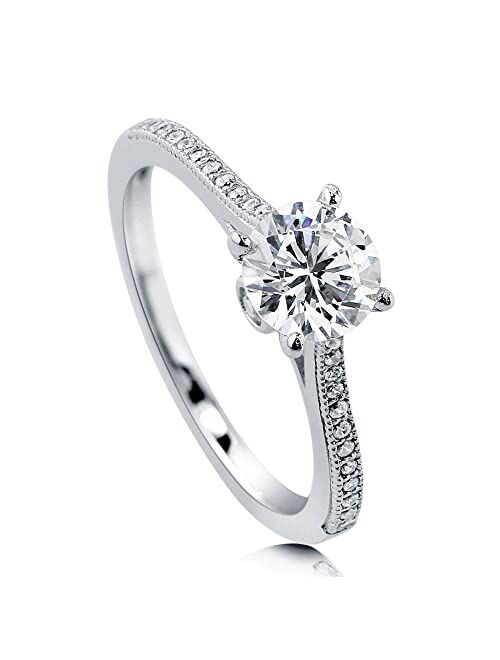BERRICLE Sterling Silver Solitaire Wedding Engagement Rings 1 Carat Round Cubic Zirconia CZ Promise Ring for Women, Rhodium Plated Size 4-10