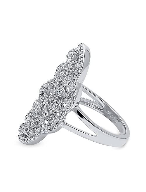 BERRICLE Sterling Silver Flower Cubic Zirconia CZ Statement Navette Cocktail Fashion Ring for Women, Rhodium Plated Size 4-10