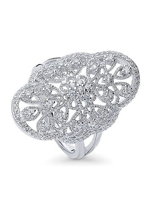 BERRICLE Sterling Silver Flower Cubic Zirconia CZ Statement Navette Cocktail Fashion Ring for Women, Rhodium Plated Size 4-10