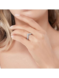 Sterling Silver Wishbone Wedding Rings Cubic Zirconia CZ Chevron Anniversary Curved Half Eternity Ring for Women, Rhodium Plated Size 4-10