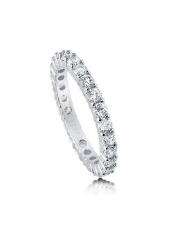 Sterling Silver Wedding Rings Pave Set Cubic Zirconia CZ Anniversary Eternity Ring for Women, Rhodium Plated Size 4-10