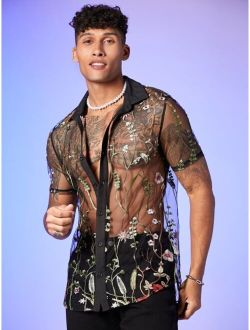 Men Floral Embroidery Mesh Shirt