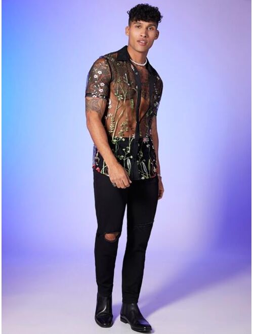 SHEIN Men Floral Embroidery Mesh Shirt