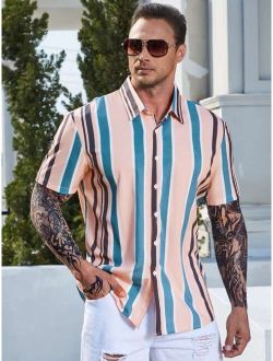 Extended Sizes Men Vertical Striped Button Up Shirt