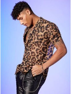 Men Lapel Collar Leopard Shirt