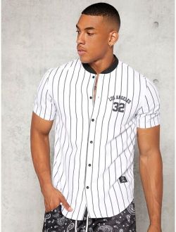 Men Striped Letter Graphic Baseball Collar Shirt