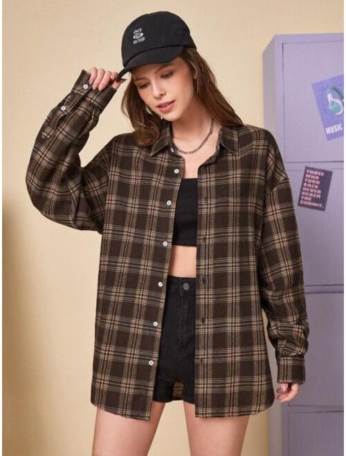 SHEIN UNISEX 1pc Plaid Print Drop Shoulder Shirt