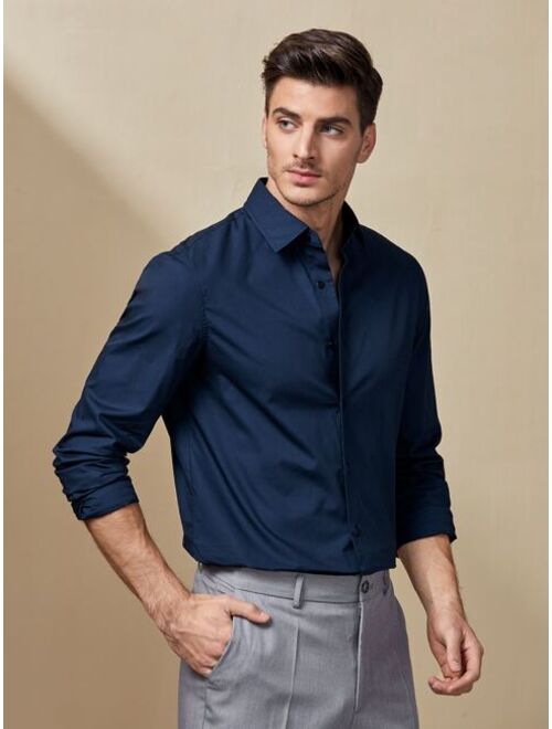 SHEIN Men Solid Single Breasted Placket Curved Hem Shirt