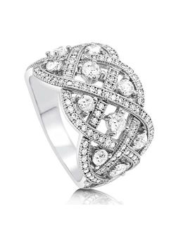 Sterling Silver Woven Cubic Zirconia CZ Statement Art Deco Cocktail Fashion Ring for Women, Rhodium Plated Size 4-10