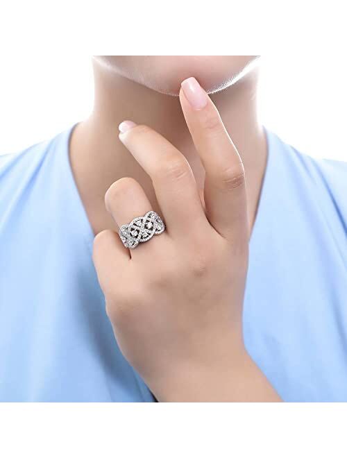 BERRICLE Sterling Silver Woven Cubic Zirconia CZ Statement Art Deco Cocktail Fashion Ring for Women, Rhodium Plated Size 4-10