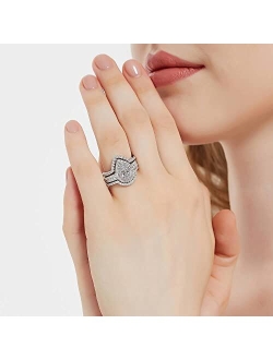 Sterling Silver Halo Wedding Engagement Rings Pear Cut Cubic Zirconia CZ Milgrain Ring Set for Women, Rhodium Plated Size 4-10