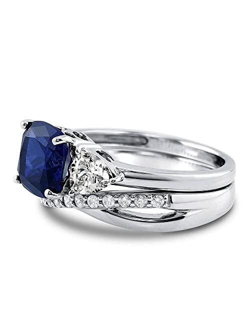 BERRICLE Sterling Silver 3-Stone Wedding Engagement Rings Simulated Blue Sapphire Cushion Cut Cubic Zirconia CZ Criss Cross Ring Set for Women, Rhodium Plated Size 4-10