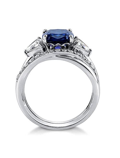 BERRICLE Sterling Silver 3-Stone Wedding Engagement Rings Simulated Blue Sapphire Cushion Cut Cubic Zirconia CZ Criss Cross Ring Set for Women, Rhodium Plated Size 4-10