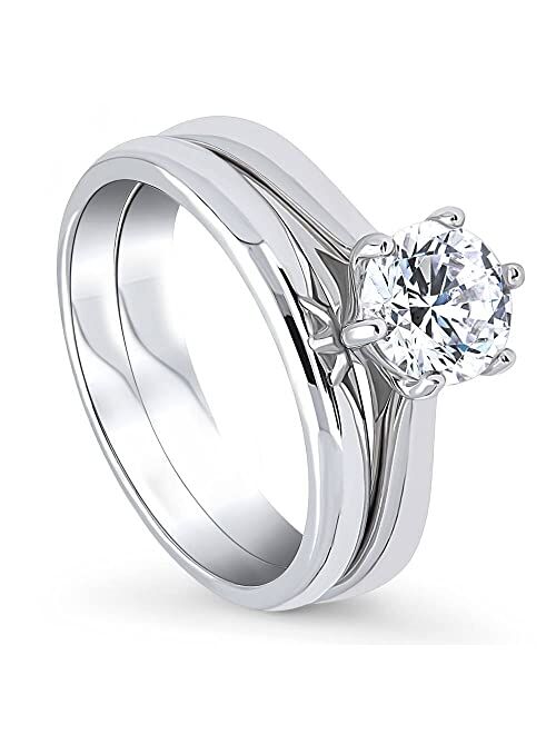 BERRICLE Sterling Silver Solitaire Wedding Engagement Rings 1 Carat Round Cubic Zirconia CZ Ring Set for Women, Rhodium Plated Size 4-10