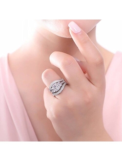 Sterling Silver 3-Stone Wedding Engagement Rings Cushion Cut Cubic Zirconia CZ Anniversary Ring Set for Women, Rhodium Plated Size 4-10