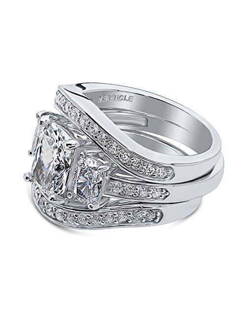 BERRICLE Sterling Silver 3-Stone Wedding Engagement Rings Cushion Cut Cubic Zirconia CZ Anniversary Ring Set for Women, Rhodium Plated Size 4-10