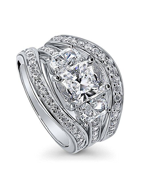 BERRICLE Sterling Silver 3-Stone Wedding Engagement Rings Cushion Cut Cubic Zirconia CZ Anniversary Ring Set for Women, Rhodium Plated Size 4-10