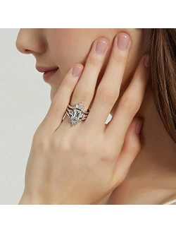 Sterling Silver 3-Stone Wedding Engagement Rings Emerald Cut Cubic Zirconia CZ 7-Stone Ring Set for Women, Rhodium Plated Size 4-10