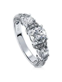 Sterling Silver 3-Stone Wedding Engagement Rings Round Cubic Zirconia CZ Art Deco Promise Ring for Women, Rhodium Plated Size 4-10