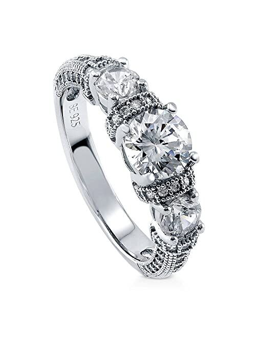 BERRICLE Sterling Silver 3-Stone Wedding Engagement Rings Round Cubic Zirconia CZ Art Deco Promise Ring for Women, Rhodium Plated Size 4-10