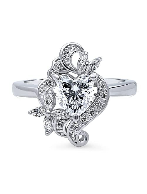BERRICLE Sterling Silver Heart Cubic Zirconia CZ Flower Fashion Ring for Women, Rhodium Plated Size 4-10