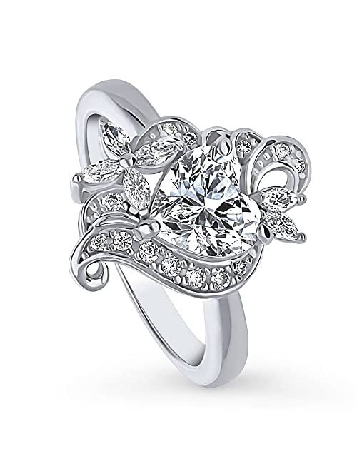 BERRICLE Sterling Silver Heart Cubic Zirconia CZ Flower Fashion Ring for Women, Rhodium Plated Size 4-10