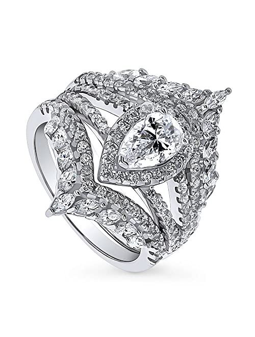 BERRICLE Sterling Silver Halo Wedding Engagement Rings Pear Cut Cubic Zirconia CZ Split Shank Ring Set for Women, Rhodium Plated Size 4-10