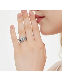 Sterling Silver Solitaire Wedding Engagement Rings 3 Carat Cushion Cut Cubic Zirconia CZ Ring Set for Women, Rhodium Plated Size 4-10
