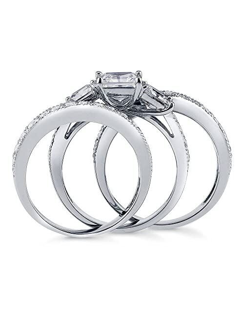 BERRICLE Sterling Silver 3-Stone Wedding Engagement Rings Princess Cut Cubic Zirconia CZ Anniversary Ring Set for Women, Rhodium Plated Size 4-10