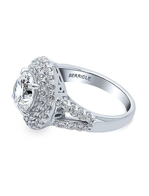 BERRICLE Sterling Silver Halo Wedding Engagement Rings Round Cubic Zirconia CZ Statement Split Shank Ring for Women, Rhodium Plated Size 4-10
