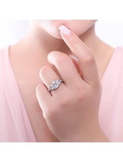 Sterling Silver 3-Stone Wedding Engagement Rings Cushion Cut Cubic Zirconia CZ Anniversary Ring Set for Women, Rhodium Plated Size 4-10