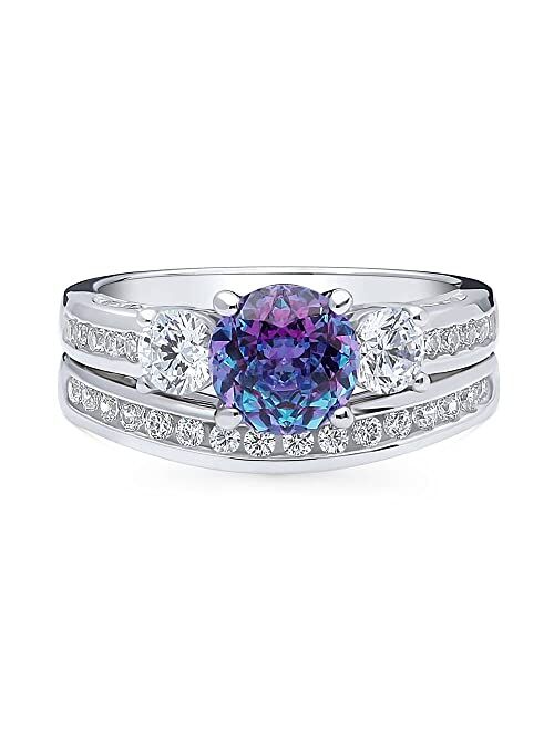 BERRICLE Sterling Silver 3-Stone Wedding Engagement Rings Purple Aqua Round Cubic Zirconia CZ Kaleidoscope Ring Set for Women, Rhodium Plated Size 4-10