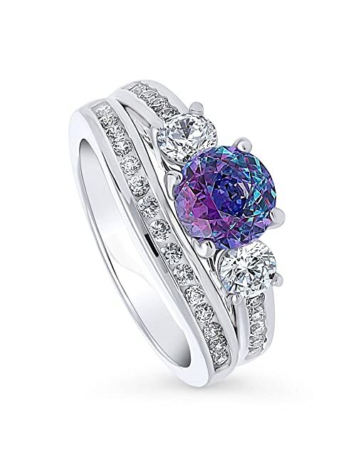 BERRICLE Sterling Silver 3-Stone Wedding Engagement Rings Purple Aqua Round Cubic Zirconia CZ Kaleidoscope Ring Set for Women, Rhodium Plated Size 4-10