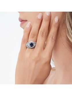 Sterling Silver 3-Stone Wedding Engagement Rings Simulated Blue Sapphire Round Cubic Zirconia CZ Halo Ring Set for Women, Rhodium Plated Size 4-10