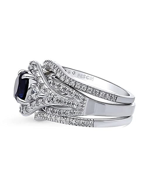 BERRICLE Sterling Silver 3-Stone Wedding Engagement Rings Simulated Blue Sapphire Round Cubic Zirconia CZ Halo Ring Set for Women, Rhodium Plated Size 4-10