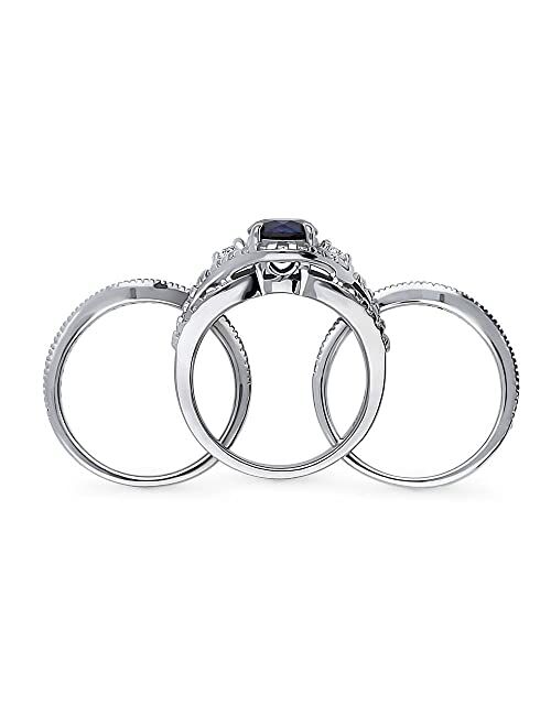 BERRICLE Sterling Silver 3-Stone Wedding Engagement Rings Simulated Blue Sapphire Round Cubic Zirconia CZ Halo Ring Set for Women, Rhodium Plated Size 4-10