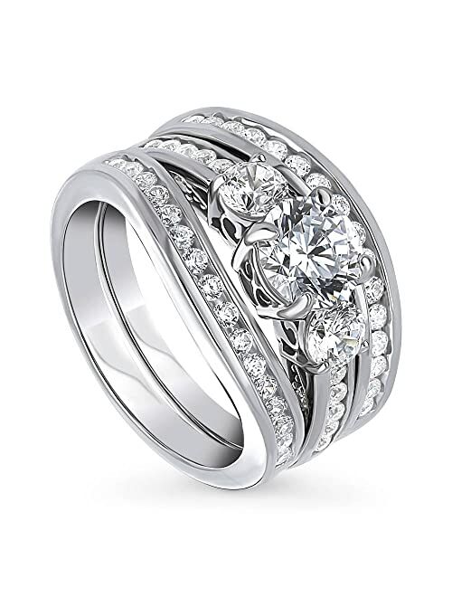 BERRICLE Sterling Silver 3-Stone Wedding Engagement Rings Round Cubic Zirconia CZ Anniversary Ring Set for Women, Rhodium Plated Size 4-10