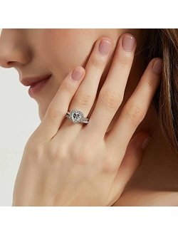 Sterling Silver Halo Wedding Engagement Rings Heart Cubic Zirconia CZ Ring Set for Women, Rhodium Plated Size 4-10