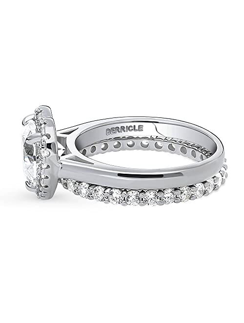 BERRICLE Sterling Silver Halo Wedding Engagement Rings Heart Cubic Zirconia CZ Ring Set for Women, Rhodium Plated Size 4-10