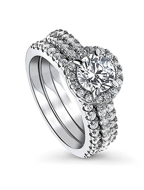 BERRICLE Sterling Silver Halo Wedding Engagement Rings Round Cubic Zirconia CZ Ring Set for Women, Rhodium Plated Size 4-10